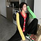 Long-sleeve Color Panel Knit Top Black & Red & Green - One Size