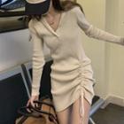 Long-sleeve Drawstring Henley Mini Sheath Dress