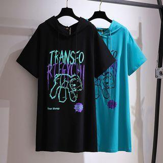 Short-sleeve Bear Print Hooded T-shirt Dress