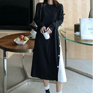 Long-sleeve Two Tone A-line Dress Black - One Size