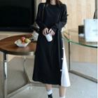 Long-sleeve Two Tone A-line Dress Black - One Size