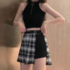 Choker-neck Belted Cropped Top / Pleated A-line Skirt / Zip Camisole Top / Set