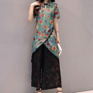 Set: Short-sleeve Floral Top + Cropped Wide Leg Pants
