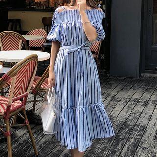 Cold-shoulder Striped Midi A-line Dress Blue - One Size