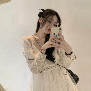Spaghetti Strap Crochet Panel Mesh Midi A-line Dress / Cardigan