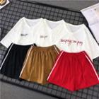 Set: Letter Embroidered V-neck Elbow-sleeve T-shirt + Striped Sweat Shorts