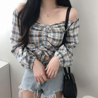 Long-sleeve Off-shoulder Drawstring Plaid Top Blue - One Size