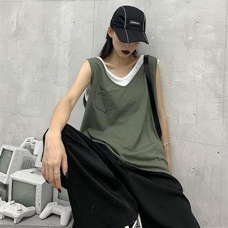 V-neck Mock Two Piece Sleeveless Top