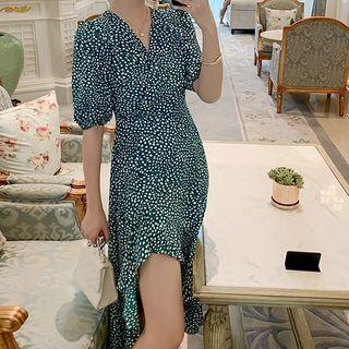 Printed Short-sleeve Irregular Hem Midi A-line Dress