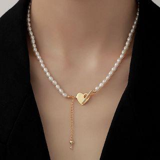 Heart Alloy Freshwater Pearl Choker Gold - One Size