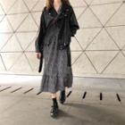 Floral Long-sleeve Midi A-line Dress / Faux Leather Zip Jacket