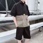 Set: Color Block Zip Detail Elbow-sleeve Top + Pocket Detail Shorts