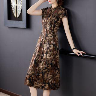Embroidered Mandarin Collar Short-sleeve Maxi A-line Dress