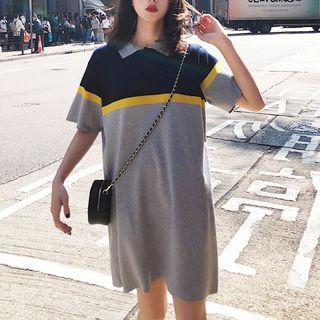 Elbow-sleeve Color Block Placket T-shirt Dress