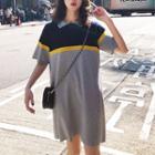 Elbow-sleeve Color Block Placket T-shirt Dress