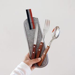 Stainless Steel Wooden Handle Knife / Fork / Spoon / Pouch / Set