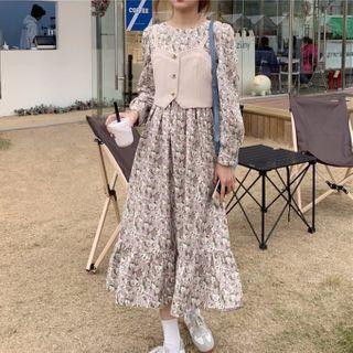 Floral Print Long-sleeve Midi Dress / Single-breasted Vest