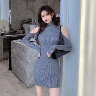 Long-sleeve Cutout Half-zip Knit Top / Mini Bodycon Dress