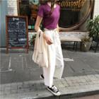 Plain Slim-fit Short-sleeve Cropped Top