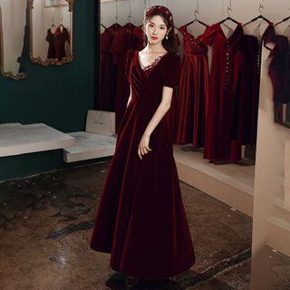 Short-sleeve V-neck Velvet Evening Dress