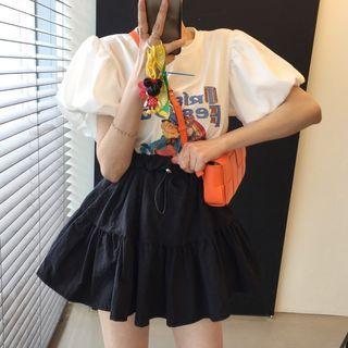 Puff Sleeve Cartoon Print T-shirt / Drawstring Mini Skirt