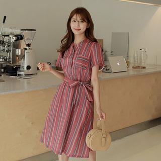 Mandarin-collar Patterned Midi Shirtdress With Sash