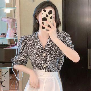 Set - Puff-sleeve Leopard Print Shirt + High-waist Pants
