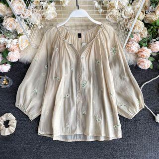 Puff-sleeve Embroidered Top Almond - One Size