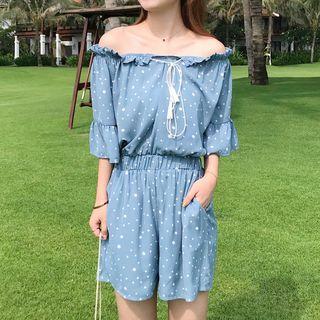 Dotted Off-shoulder Elbow-sleeve Playsuit