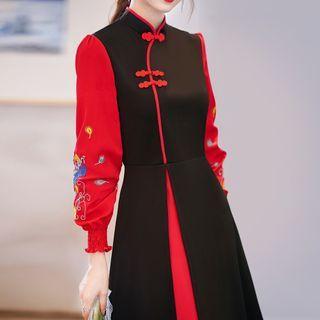 Mandarin Collar Two-tone Midi A-line Dress