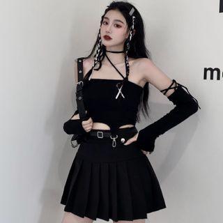 Cropped Camisole Top / Belt / Pleated Mini A-line Skirt / Set