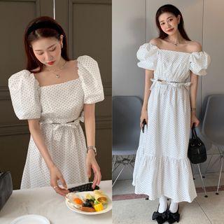 Puff-sleeve Dotted Midi Mermaid Dress