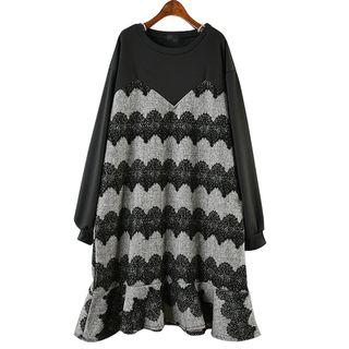 Lace Trim Ruffle Hem Long-sleeve Dress As Shown In Figure - One Size