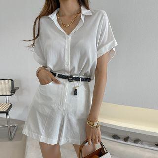 Cap-sleeve Plain Cotton Shirt
