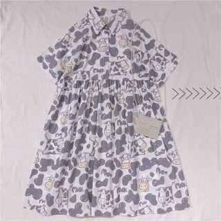 Short-sleeve Cow Print A-line Dress Gray Cow - White - One Size