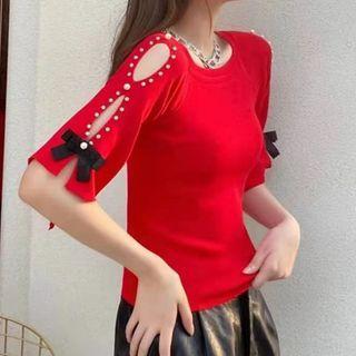 Elbow-sleeve Ribbon Cut-out Knit Top