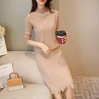Set: Long-sleeve Off-shoulder Top + Pencil Midi Skirt