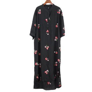 3/4-sleeve Embroidered Midi Chiffon Dress