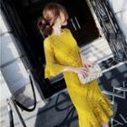 Ruffle Hem Elbow-sleeve Midi Lace Dress