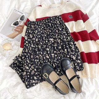 High-waist Floral Printed Midi Skirt Black - One Size