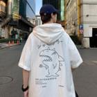 Elbow-sleeve Hooded Shark Print T-shirt