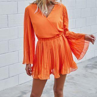 Long-sleeve V-neck Pleated Playsuit