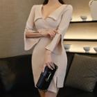 Bell-sleeve V-neck Mini Sheath Dress