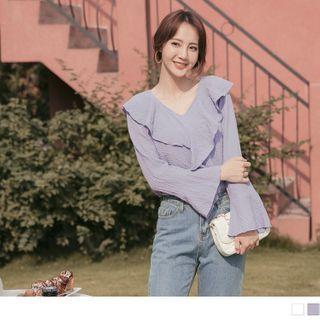 Long Sleeve V-neck Ruffled Top