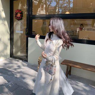 Long-sleeve Sheer Panel Cutout Ribbed Knit Dress