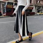 Striped Knit Midi A-line Skirt Black - One Size