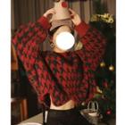 Houndstooth Cropped Sweater Wine Red & Black - One Size