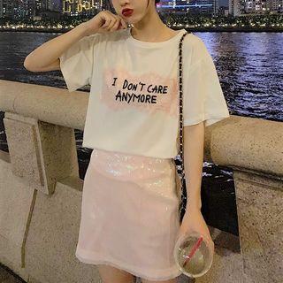 Set: Short Sleeve Lace Panel Embroidered T-shirt + Sequined A-line Skirt