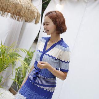 Set: Scallop-edge Zigzag Cardigan + Maxi Skirt Blue - One Size