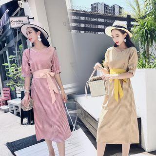 Checked Elbow-sleeve Midi A-line Dress With Belt